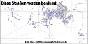 Nur die blau markierten Straßen und Wege sind im Winterdienstplan verzeichnet und müssen beräumt werden.