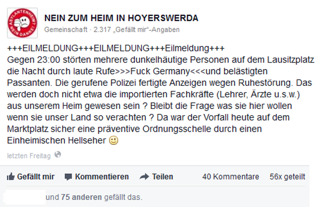 Diese "Eilmeldung" brauchte die Facebook-Seite "Nein zum Heim in Hoyerswerda" am 7. Februar.